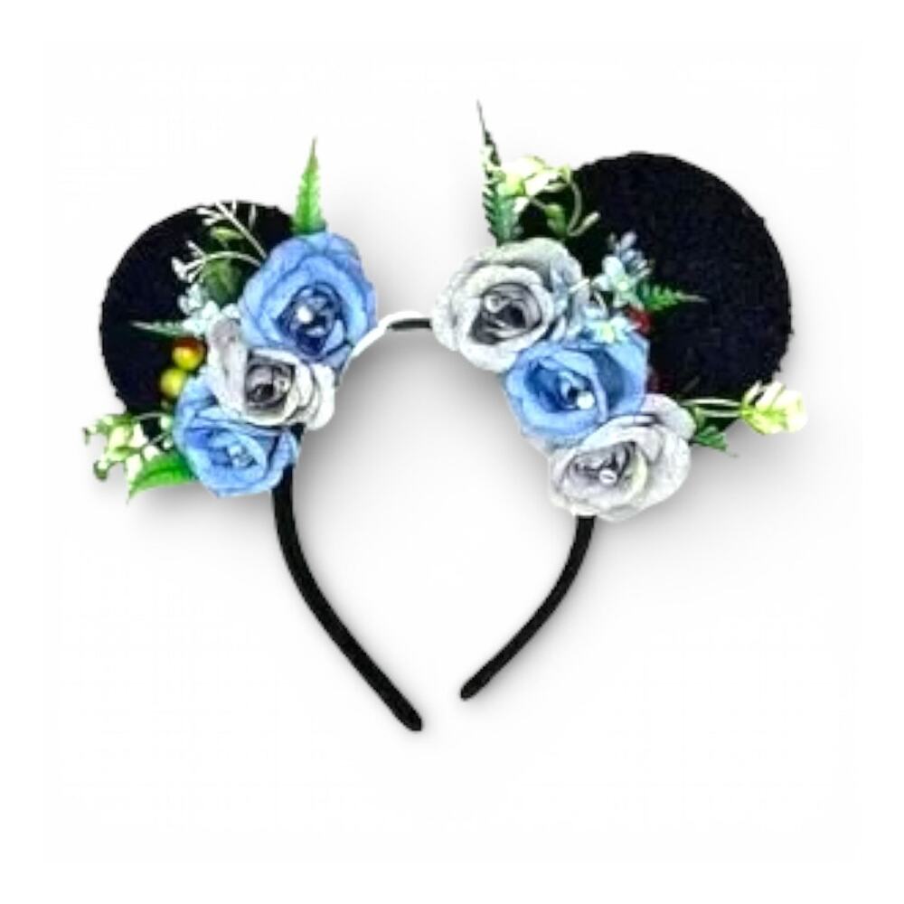 Handmade Floral Mouse Ears Headband Blue Lavender Flower Garden Festival Style